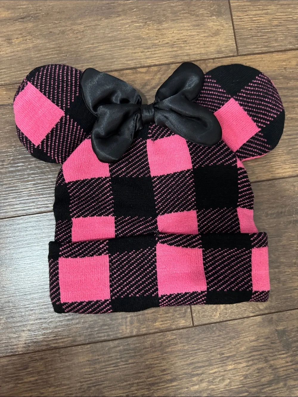 Disney Pink & Black Plaid Kids Minnie Mouse Beanie with Bow
